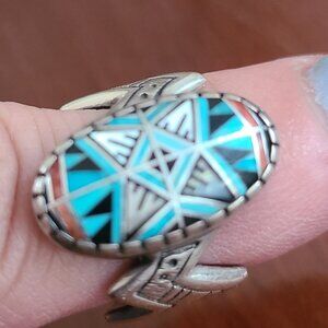 Sterling silver inlaid Stones ring RMT Pollack Native American sz  7.5